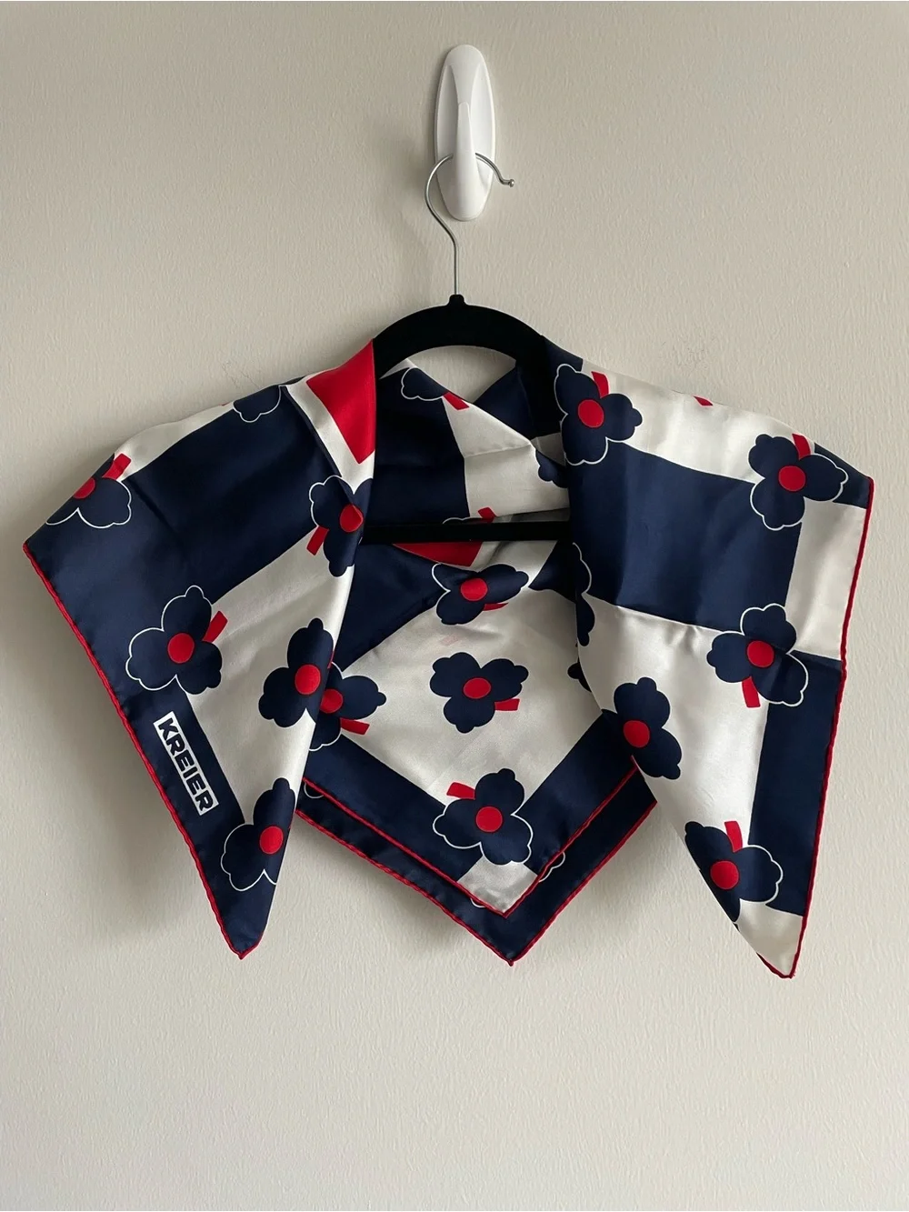 Vintage Kreier silk scarf red white blue mod flower retro checkerboard